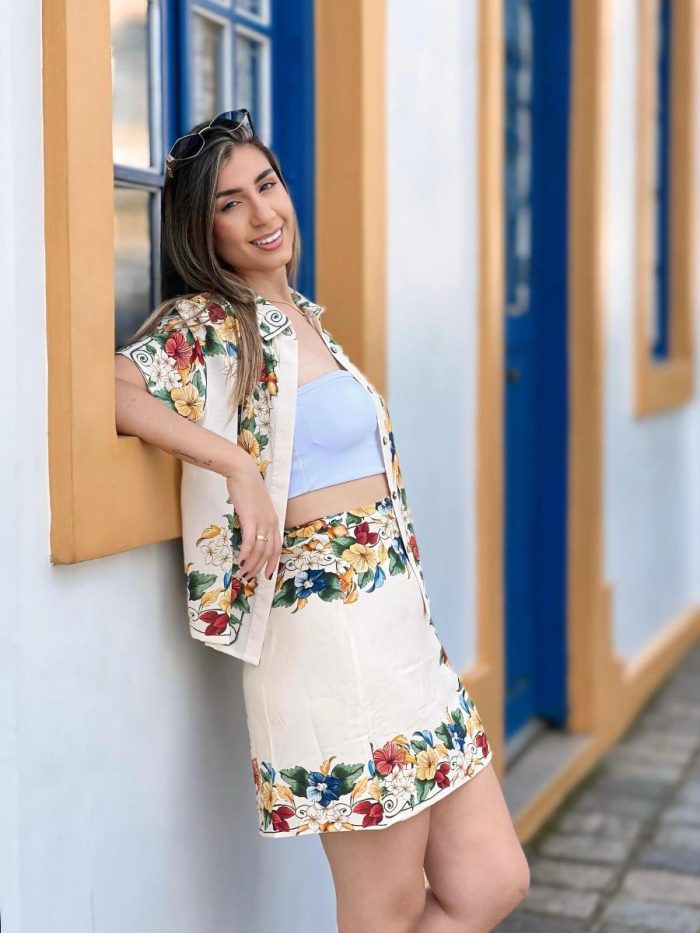 saia curta farm tropicalzinho lenco 346009 COMFY BEGE-VERDE-DOURADO